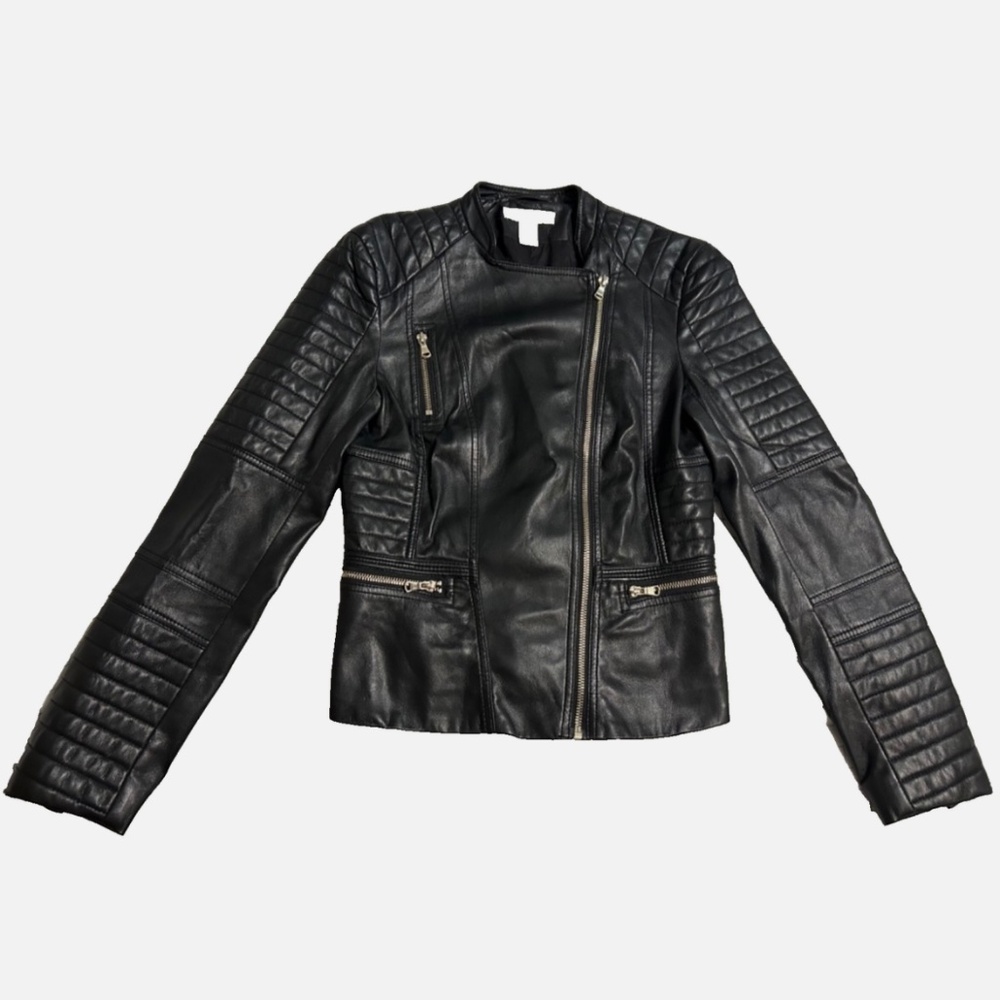 H&M Faux Leather Jacket Women’s Moto 6 Quilted Black Zipper Biker Vegan